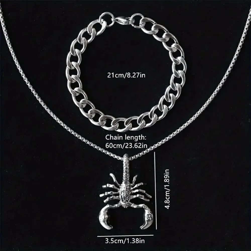 Stainless Steel Scorpion Pendant Necklace & Bracelet Set